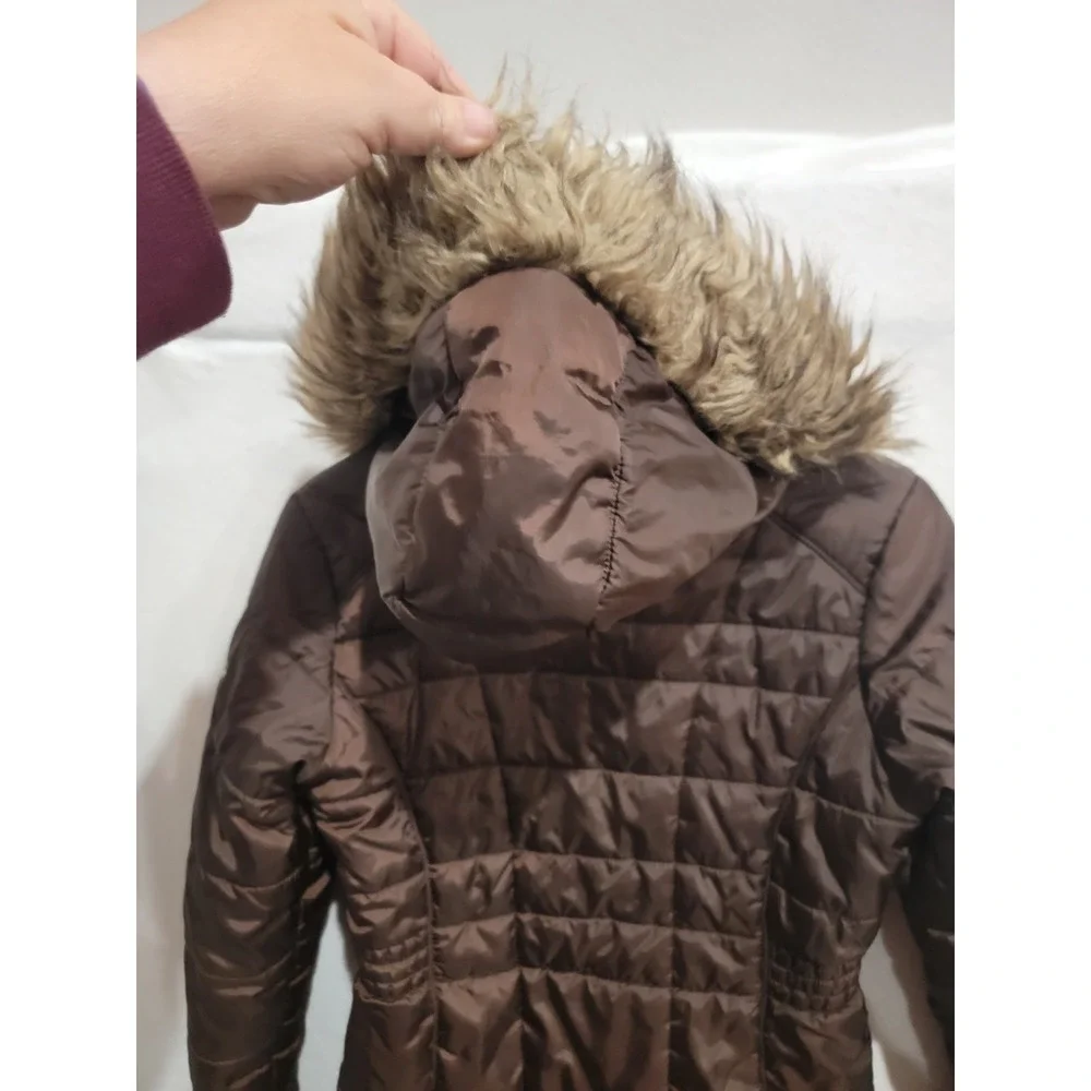 HAWKE & Co Girls Size 16 Brown Quilted Puffer Jacket Leopard Print Faux Fur Hood